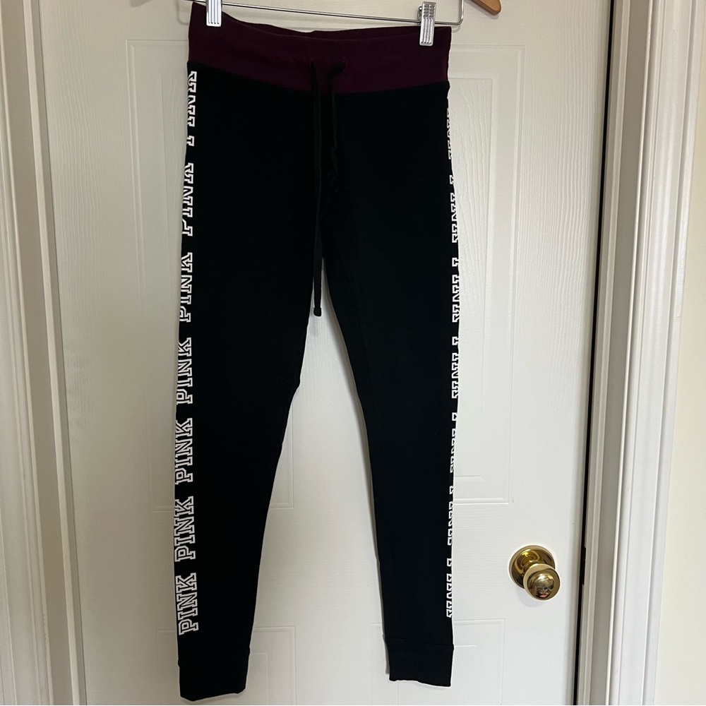 Victoria's Secret Black Leggings with Burgundy Waistband